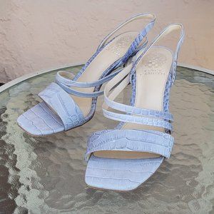 Vince Camuto Savesha Leather Croc-Print Slingback Kitten Heel Sandals Pale Blue